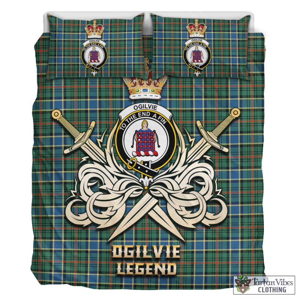 Tartan Vibes Clothing Ogilvie (Ogilvy) Hunting Ancient Tartan Bedding Set with Clan Crest and the Golden Sword of Courageous Legacy