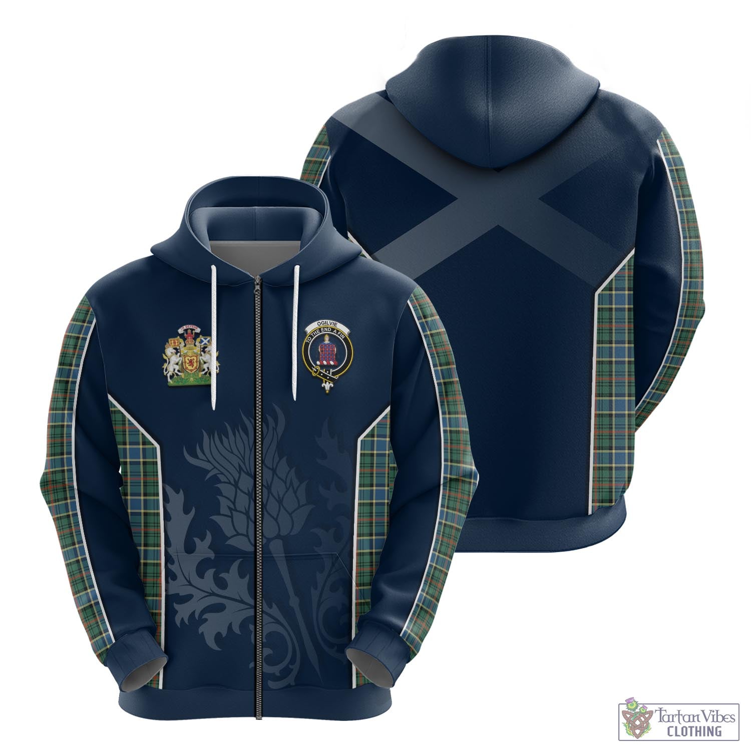 Tartan Vibes Clothing Ogilvie (Ogilvy) Hunting Ancient Tartan Hoodie with Family Crest and Scottish Thistle Vibes Sport Style