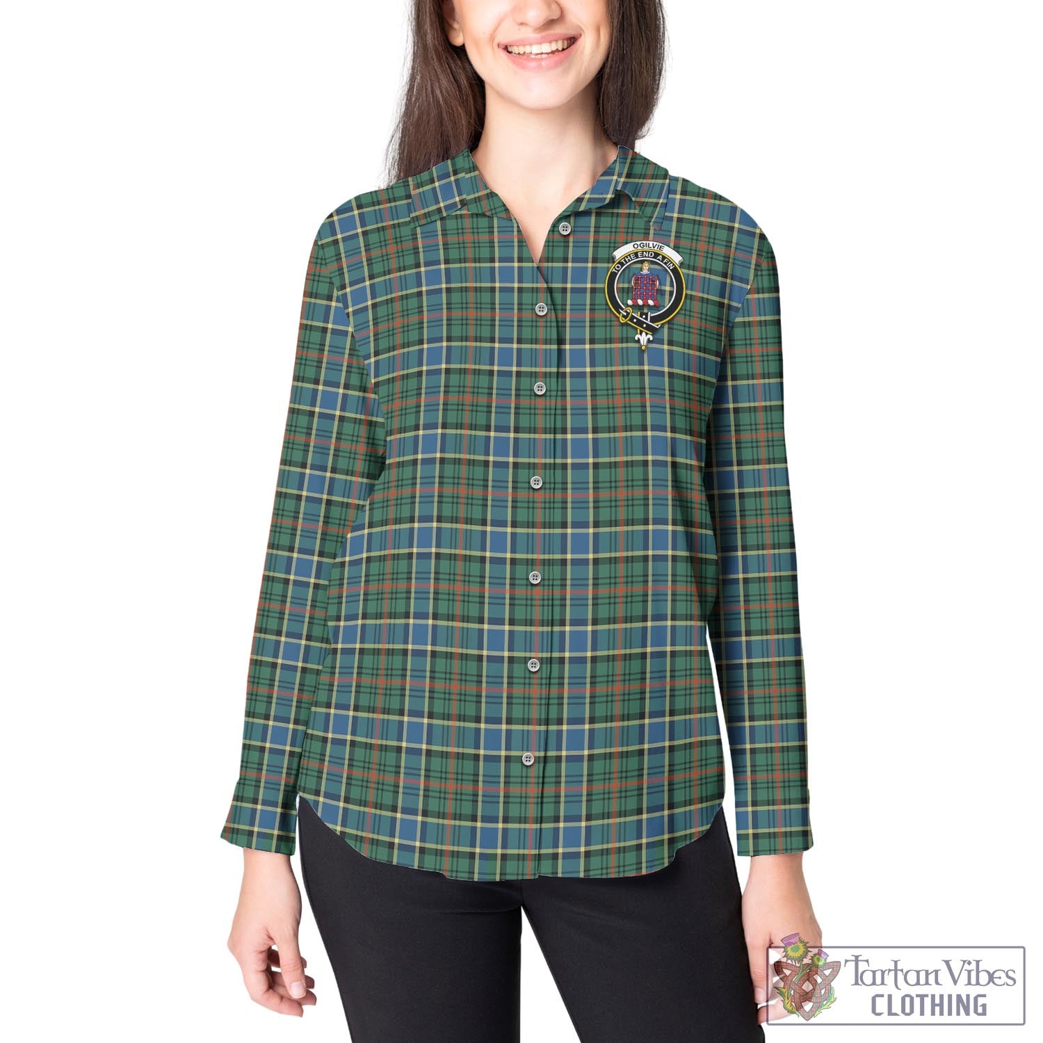 Tartan Vibes Clothing Ogilvie (Ogilvy) Hunting Ancient Tartan Womens Casual Shirt with Family Crest