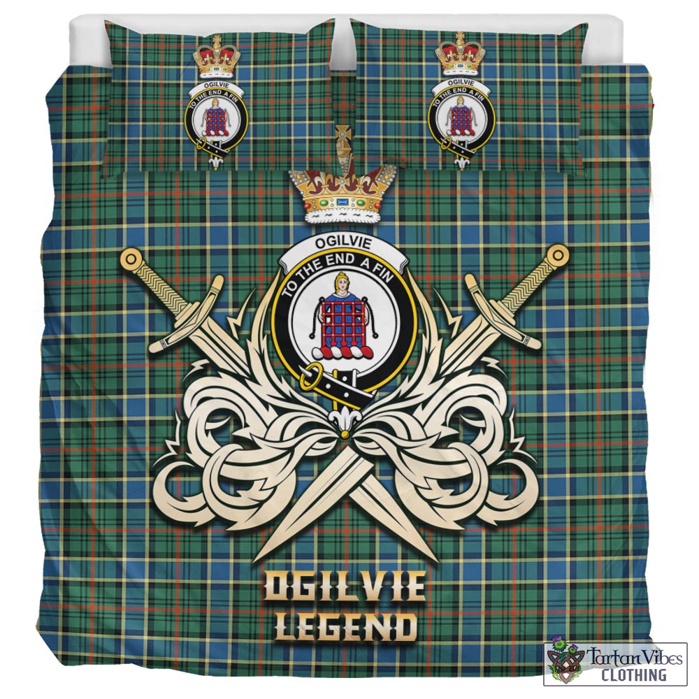 Tartan Vibes Clothing Ogilvie (Ogilvy) Hunting Ancient Tartan Bedding Set with Clan Crest and the Golden Sword of Courageous Legacy