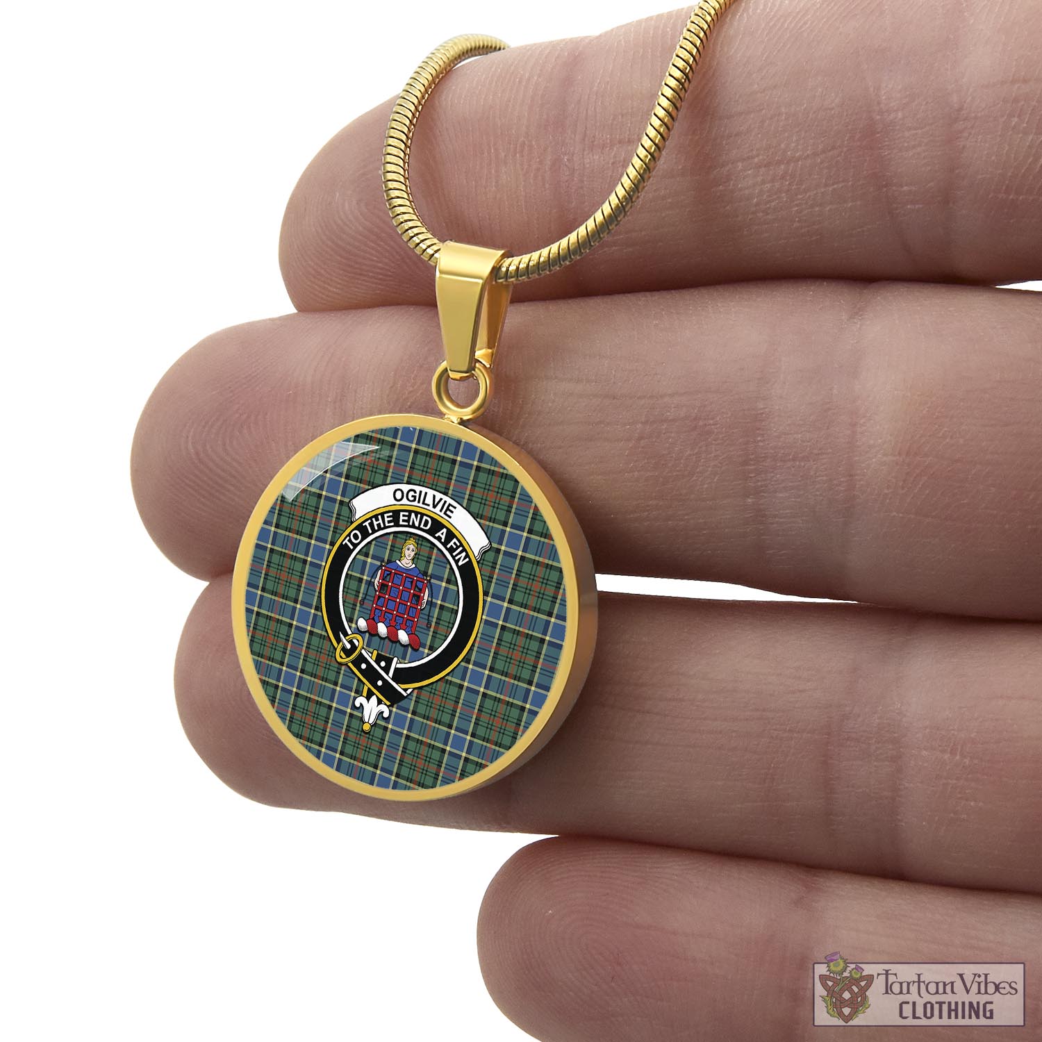 Tartan Vibes Clothing Ogilvie (Ogilvy) Hunting Ancient Tartan Circle Necklace with Family Crest