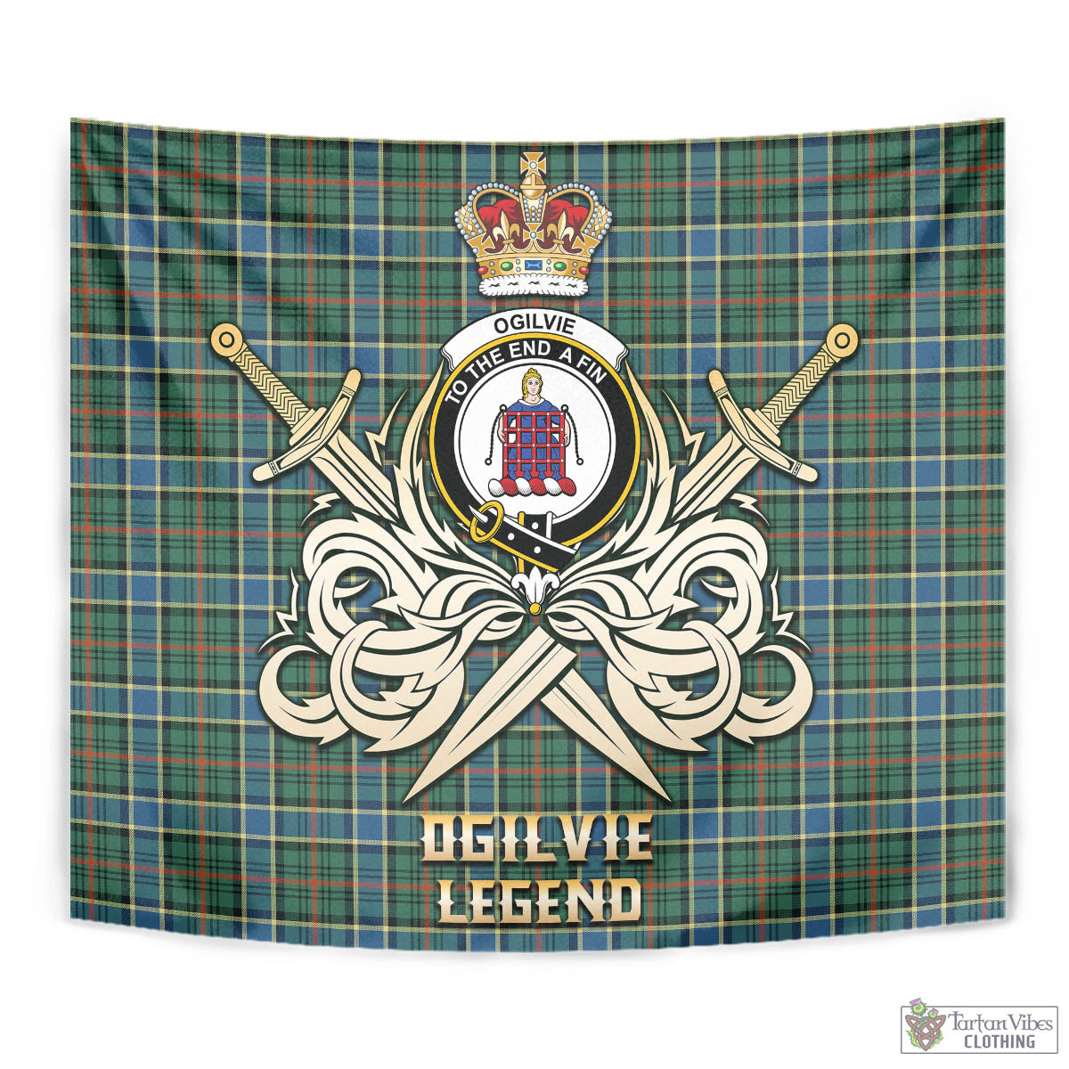 Tartan Vibes Clothing Ogilvie (Ogilvy) Hunting Ancient Tartan Tapestry with Clan Crest and the Golden Sword of Courageous Legacy