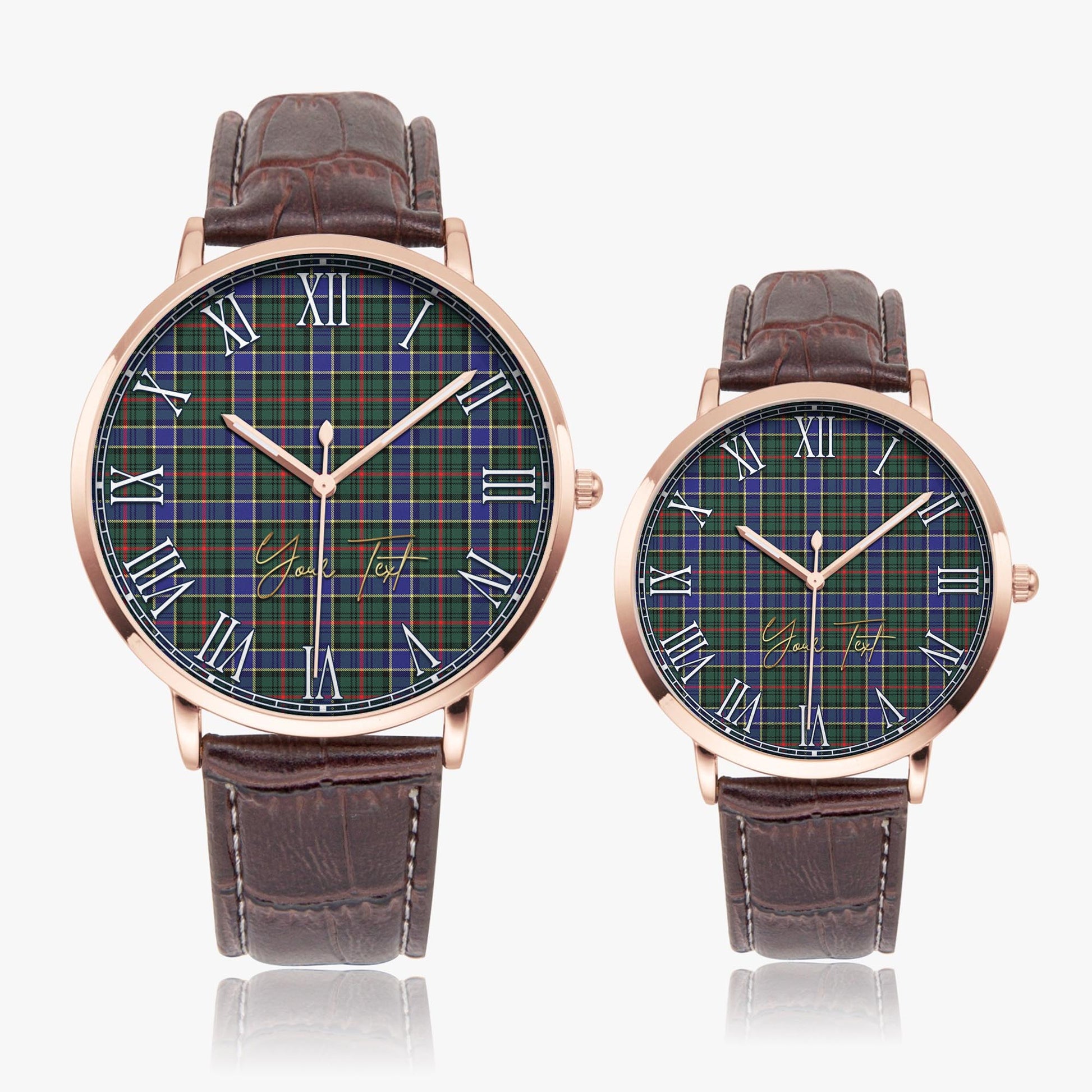 Ogilvie (Ogilvy) Hunting Modern Tartan Personalized Your Text Leather Trap Quartz Watch Ultra Thin Rose Gold Case With Brown Leather Strap - Tartanvibesclothing