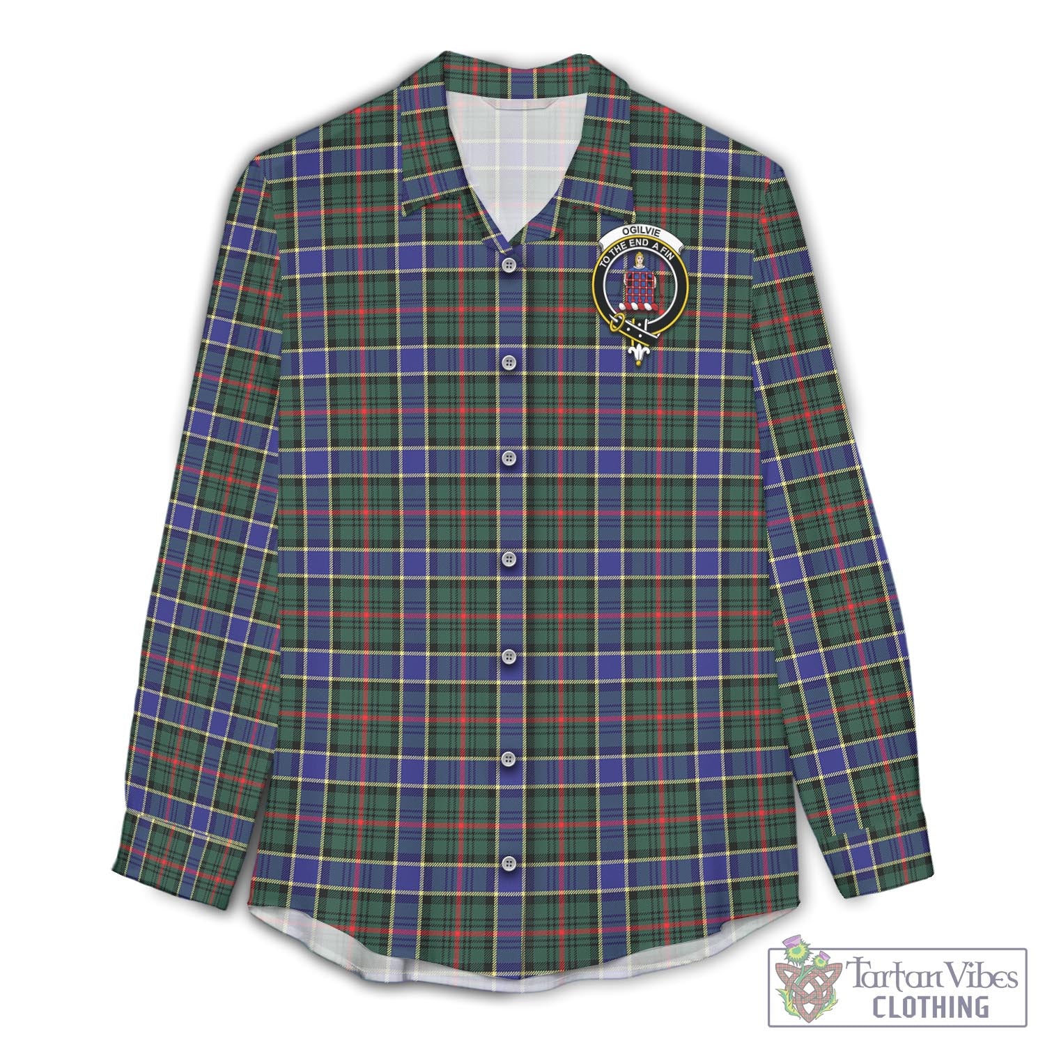 Tartan Vibes Clothing Ogilvie (Ogilvy) Hunting Modern Tartan Womens Casual Shirt with Family Crest