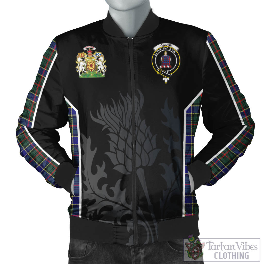 Tartan Vibes Clothing Ogilvie (Ogilvy) Hunting Modern Tartan Bomber Jacket with Family Crest and Scottish Thistle Vibes Sport Style