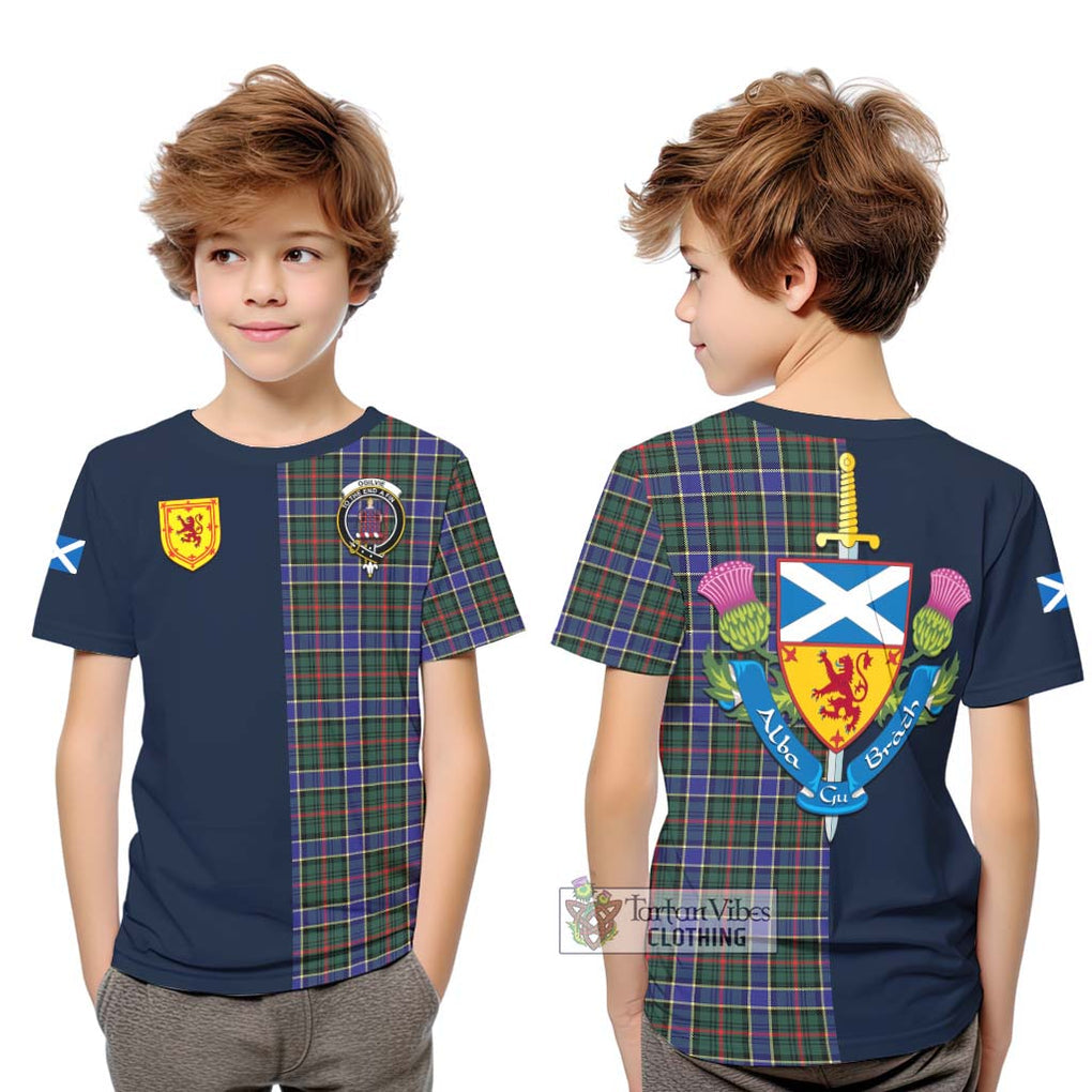 Tartan Vibes Clothing Ogilvie (Ogilvy) Hunting Modern Tartan Kid T-Shirt with Scottish Lion Royal Arm Half Style