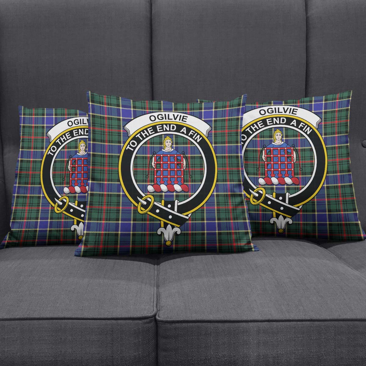 Ogilvie (Ogilvy) Hunting Modern Tartan Pillow Cover with Family Crest Square Pillow Cover - Tartanvibesclothing