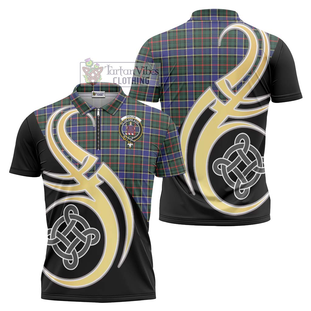 Tartan Vibes Clothing Ogilvie (Ogilvy) Hunting Modern Tartan Zipper Polo Shirt with Family Crest and Celtic Symbol Style