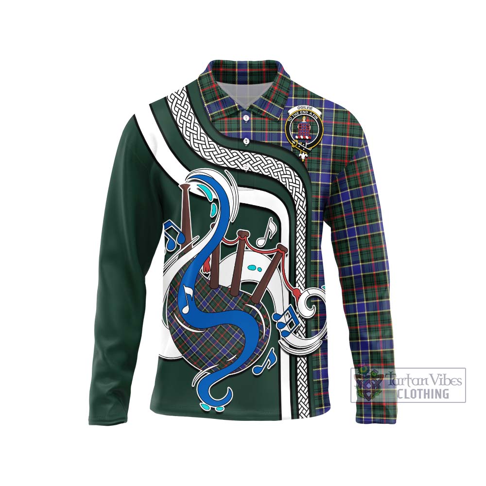 Tartan Vibes Clothing Ogilvie (Ogilvy) Hunting Modern Tartan Long Sleeve Polo Shirt with Epic Bagpipe Style