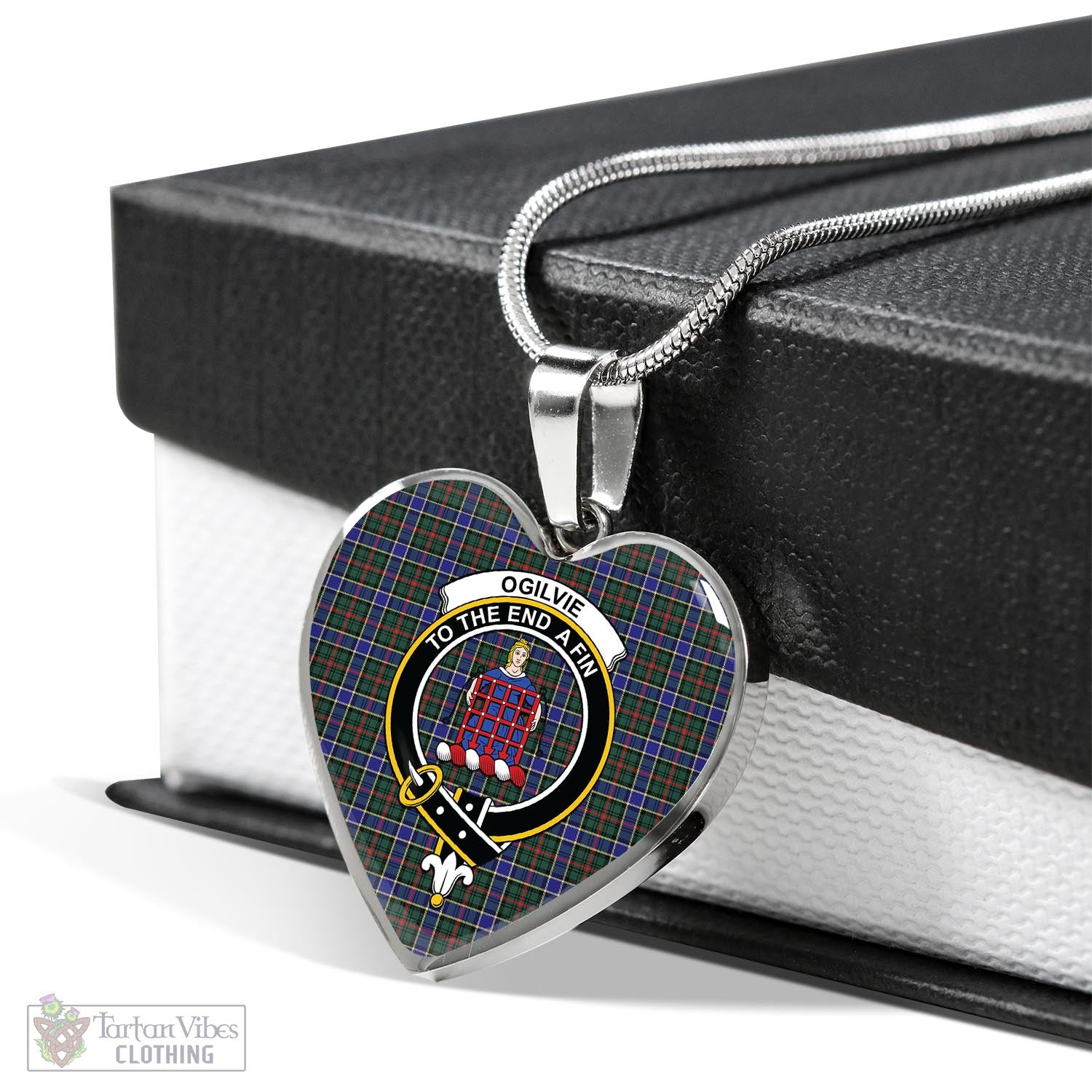 Tartan Vibes Clothing Ogilvie (Ogilvy) Hunting Modern Tartan Heart Necklace with Family Crest