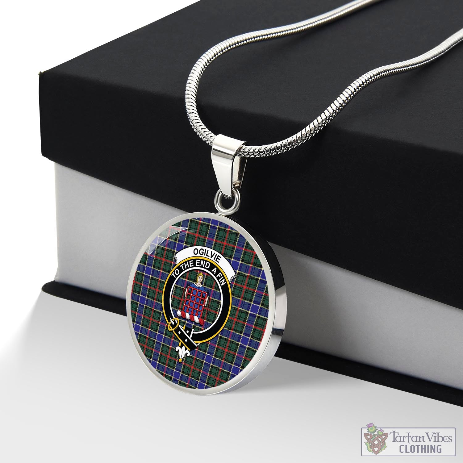 Tartan Vibes Clothing Ogilvie (Ogilvy) Hunting Modern Tartan Circle Necklace with Family Crest