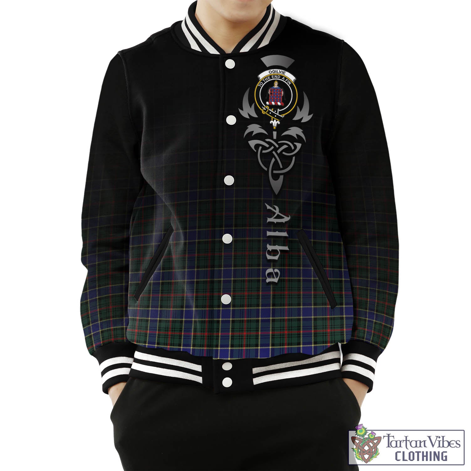 Tartan Vibes Clothing Ogilvie (Ogilvy) Hunting Modern Tartan Baseball Jacket Featuring Alba Gu Brath Family Crest Celtic Inspired