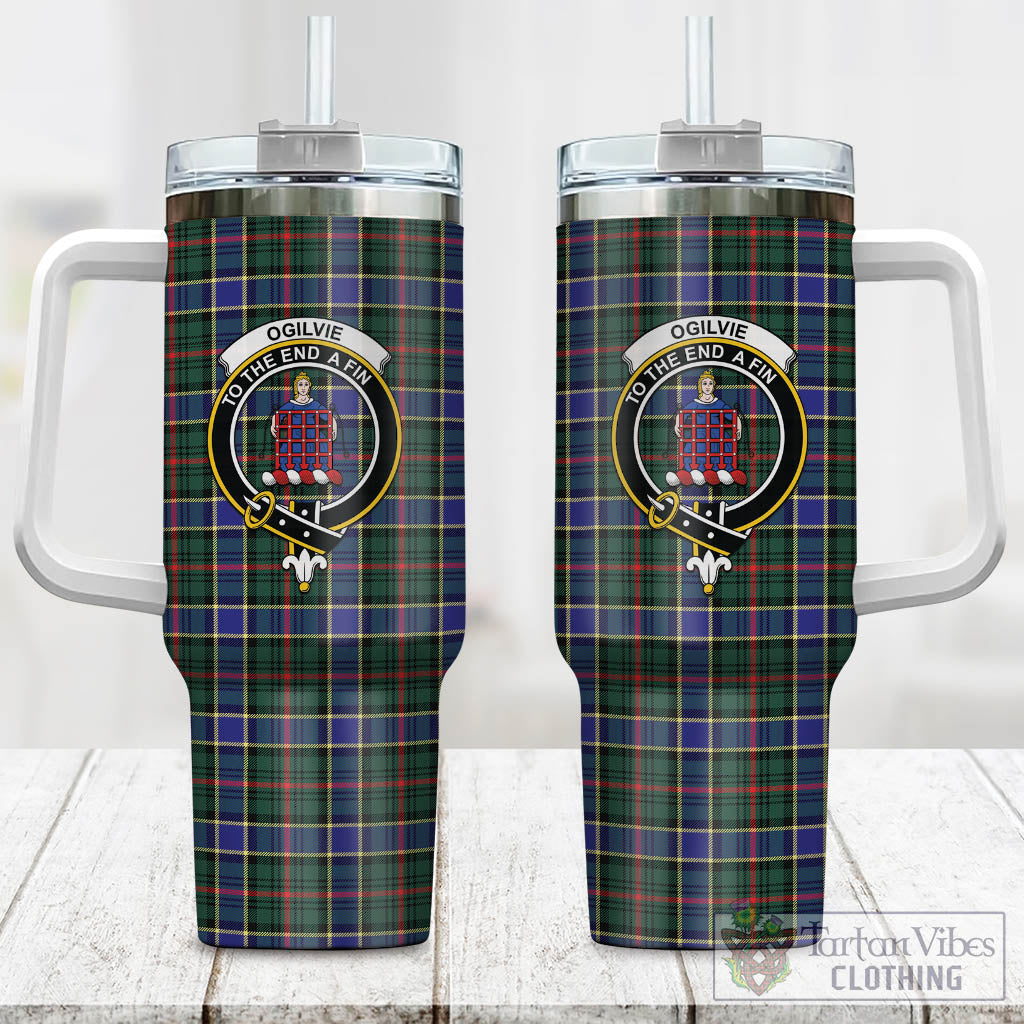 Tartan Vibes Clothing Ogilvie (Ogilvy) Hunting Modern Tartan and Family Crest Tumbler with Handle