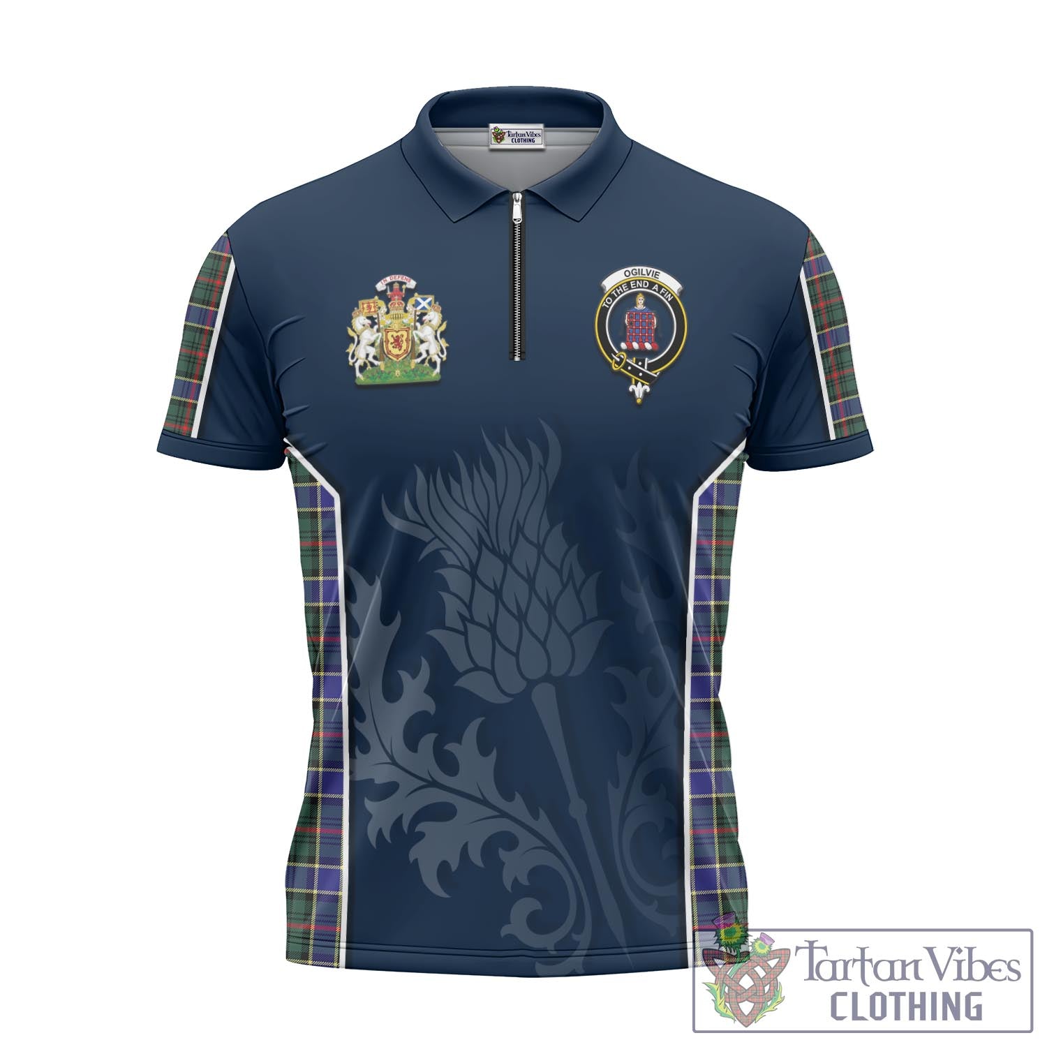 Tartan Vibes Clothing Ogilvie (Ogilvy) Hunting Modern Tartan Zipper Polo Shirt with Family Crest and Scottish Thistle Vibes Sport Style