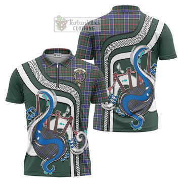 Ogilvie (Ogilvy) Hunting Modern Tartan Zipper Polo Shirt with Epic Bagpipe Style