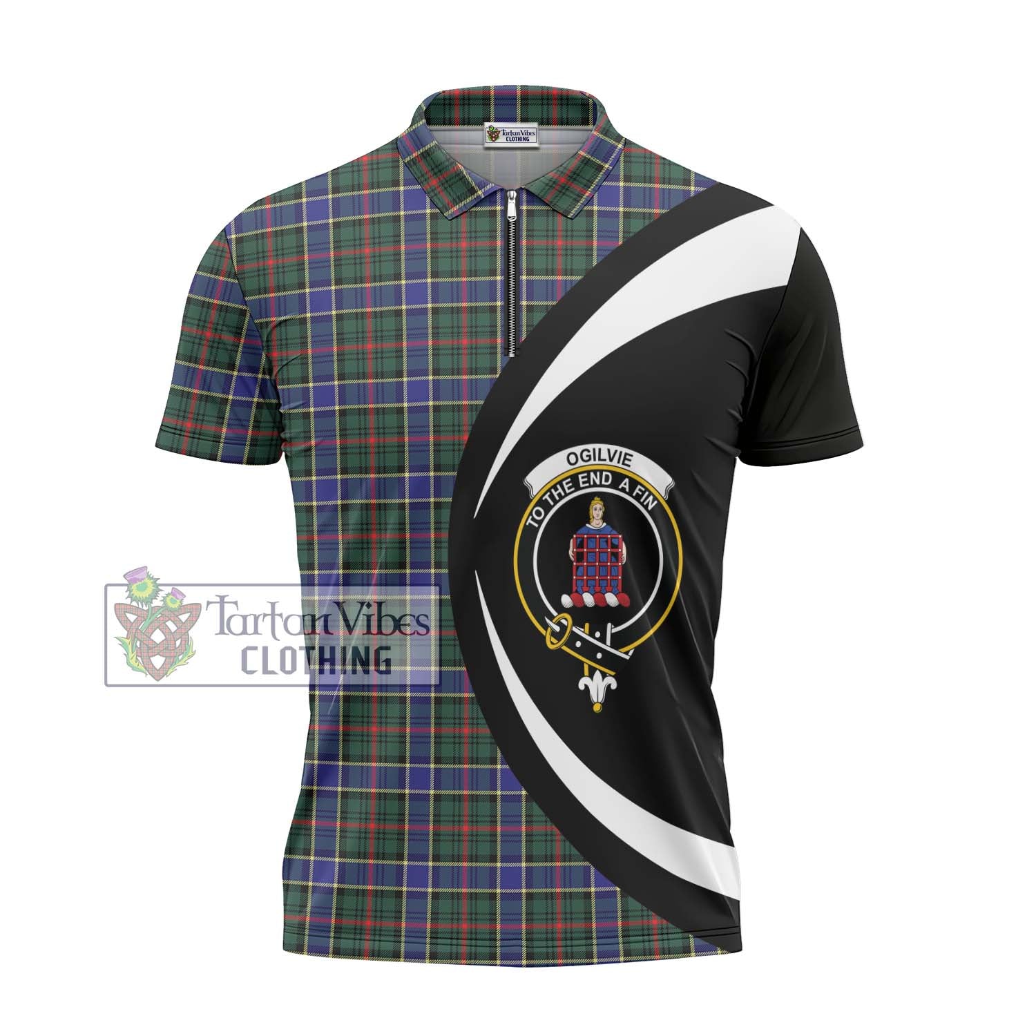 Tartan Vibes Clothing Ogilvie (Ogilvy) Hunting Modern Tartan Zipper Polo Shirt with Family Crest Circle Style