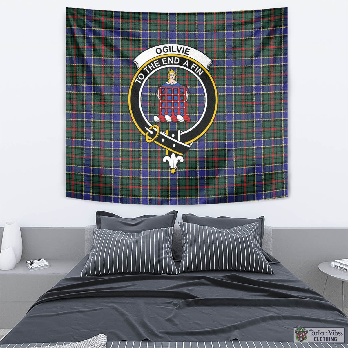 Tartan Vibes Clothing Ogilvie (Ogilvy) Hunting Modern Tartan Tapestry Wall Hanging and Home Decor for Room with Family Crest