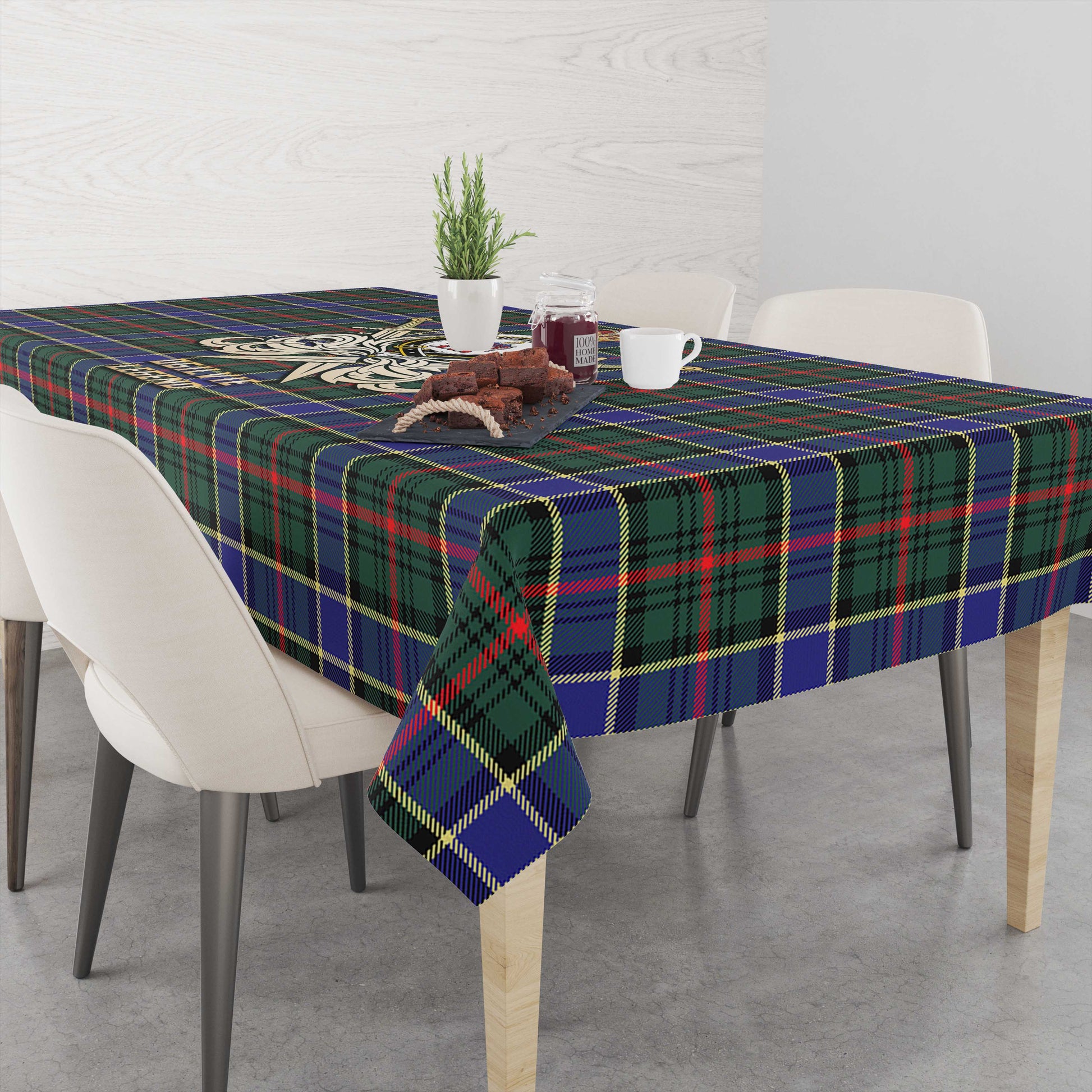 Tartan Vibes Clothing Ogilvie (Ogilvy) Hunting Modern Tartan Tablecloth with Clan Crest and the Golden Sword of Courageous Legacy