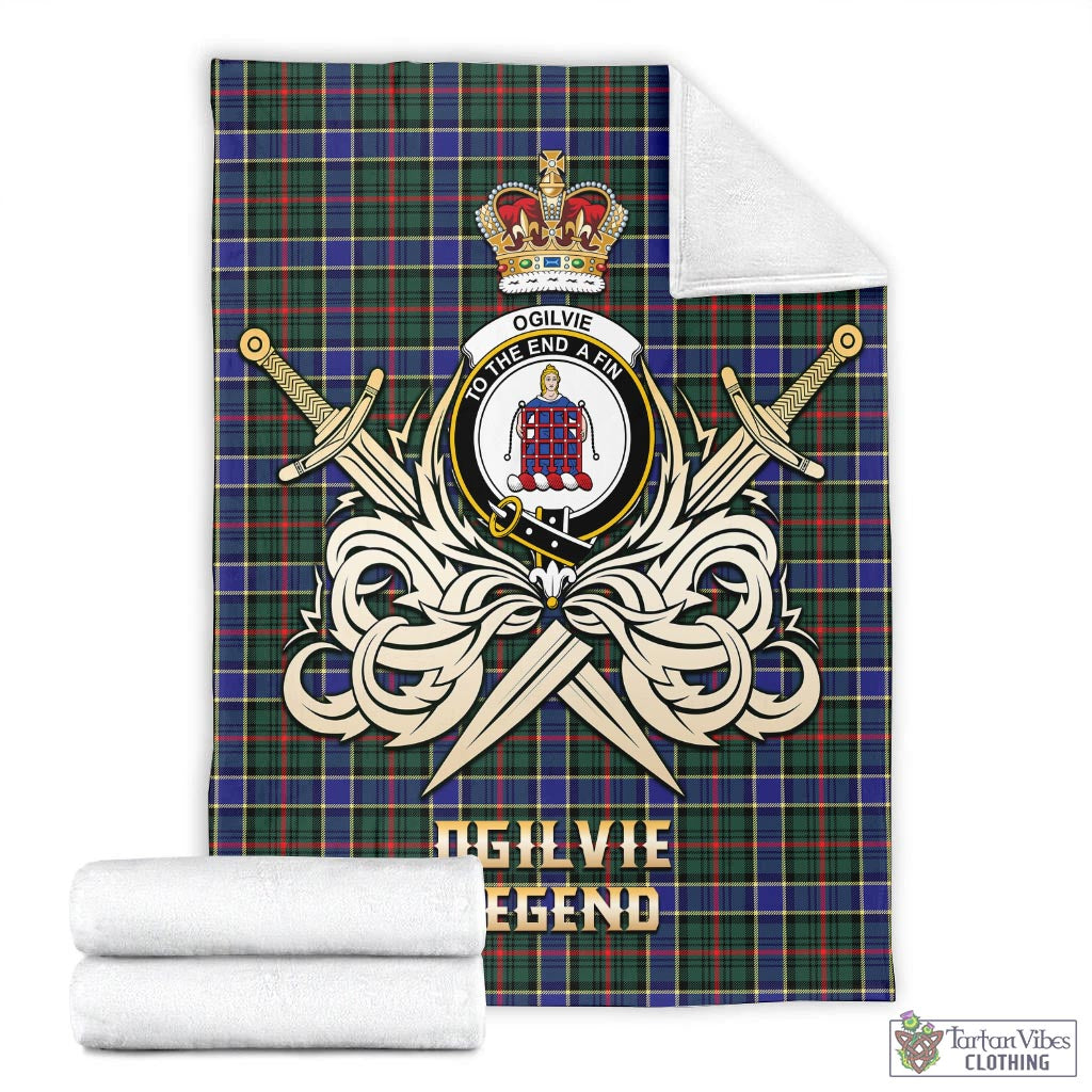 Tartan Vibes Clothing Ogilvie (Ogilvy) Hunting Modern Tartan Blanket with Clan Crest and the Golden Sword of Courageous Legacy