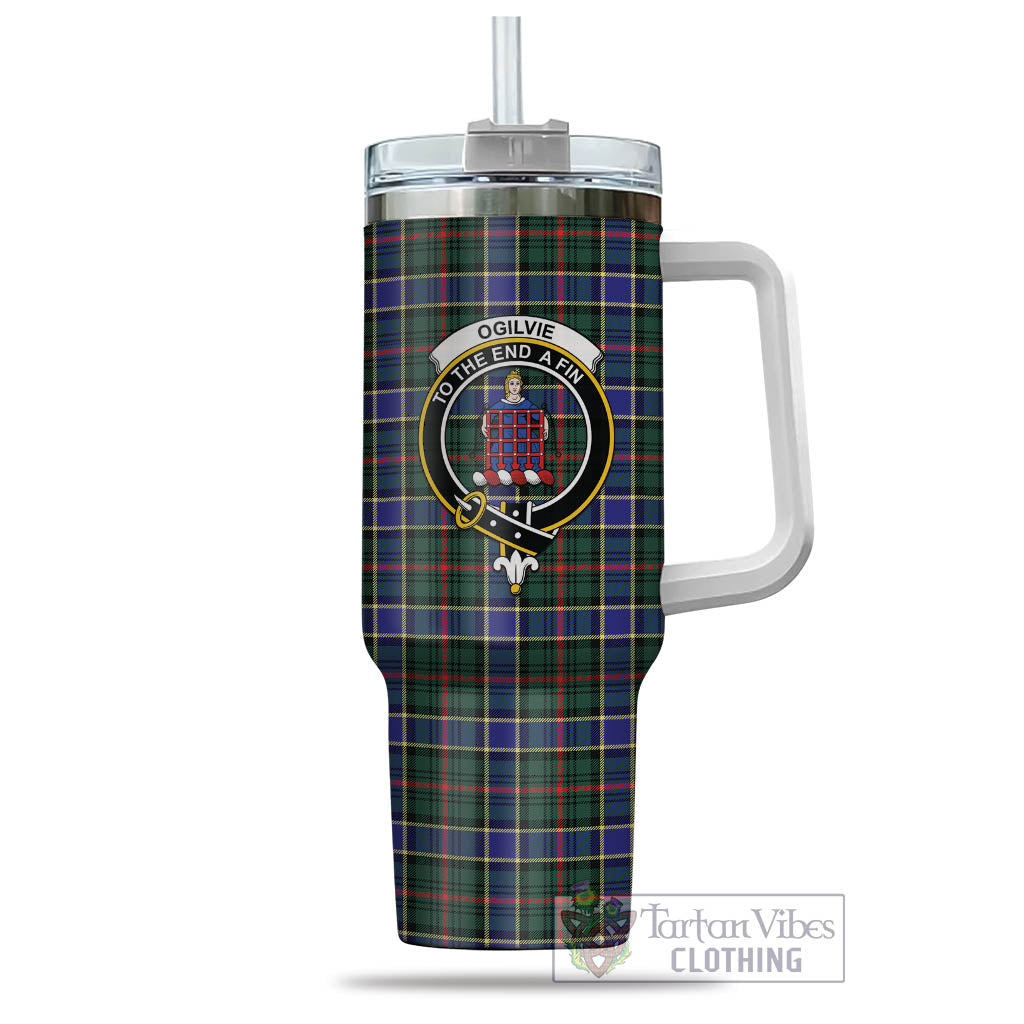 Tartan Vibes Clothing Ogilvie (Ogilvy) Hunting Modern Tartan and Family Crest Tumbler with Handle