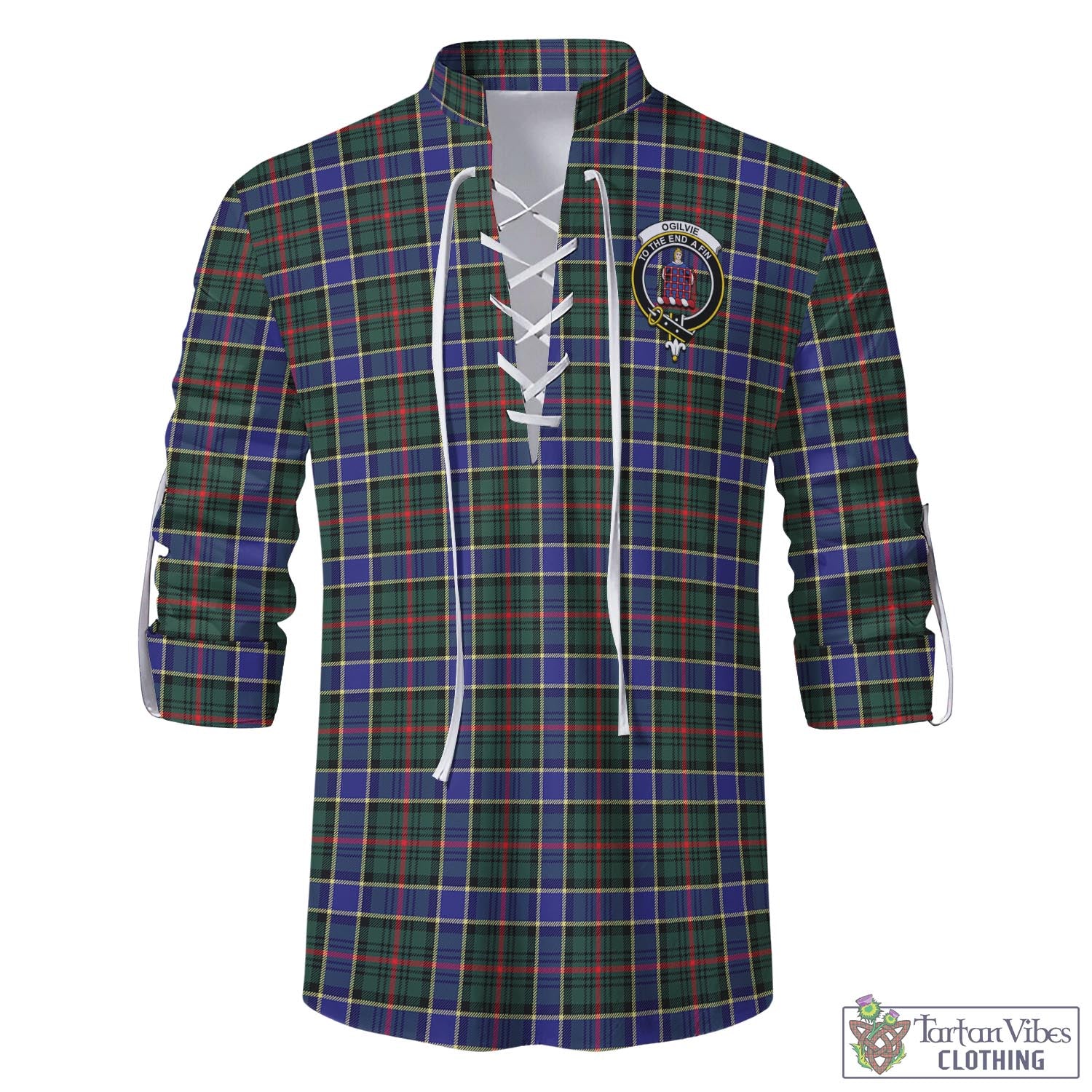 Tartan Vibes Clothing Ogilvie (Ogilvy) Hunting Modern Tartan Men's Scottish Traditional Jacobite Ghillie Kilt Shirt with Family Crest