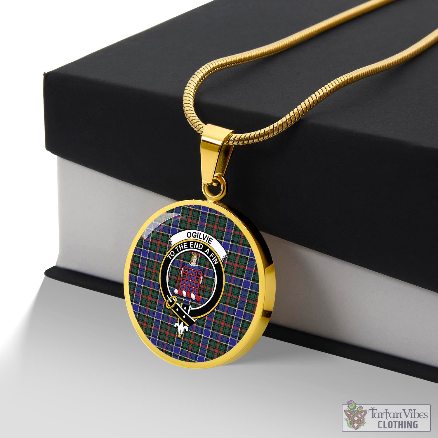 Tartan Vibes Clothing Ogilvie (Ogilvy) Hunting Modern Tartan Circle Necklace with Family Crest