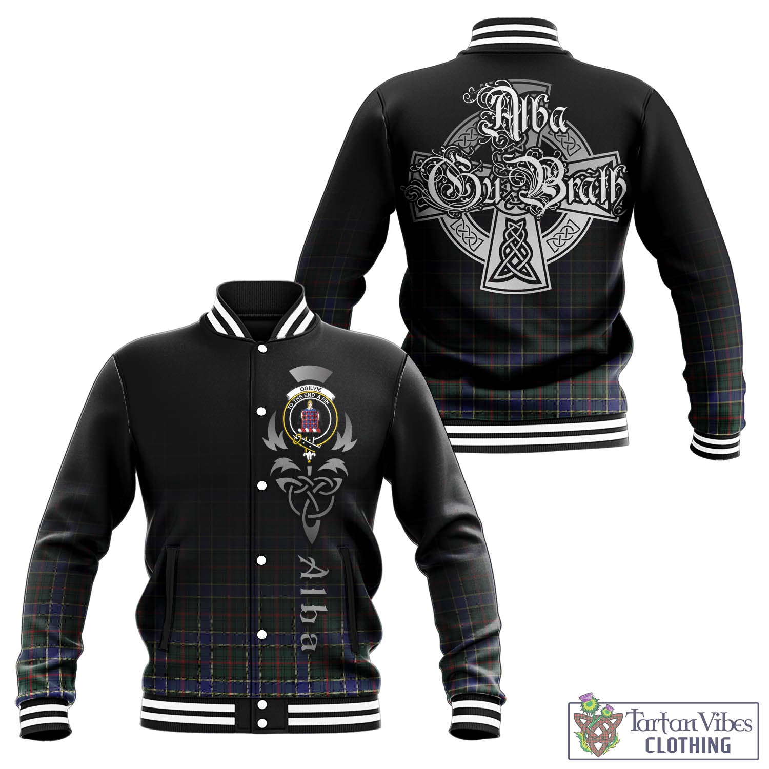 Tartan Vibes Clothing Ogilvie (Ogilvy) Hunting Modern Tartan Baseball Jacket Featuring Alba Gu Brath Family Crest Celtic Inspired