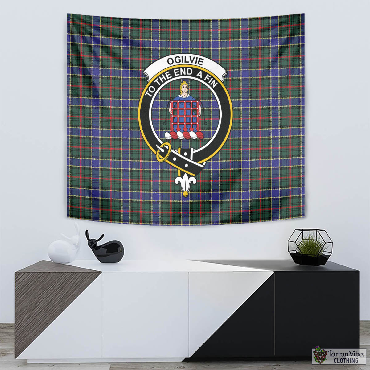 Tartan Vibes Clothing Ogilvie (Ogilvy) Hunting Modern Tartan Tapestry Wall Hanging and Home Decor for Room with Family Crest