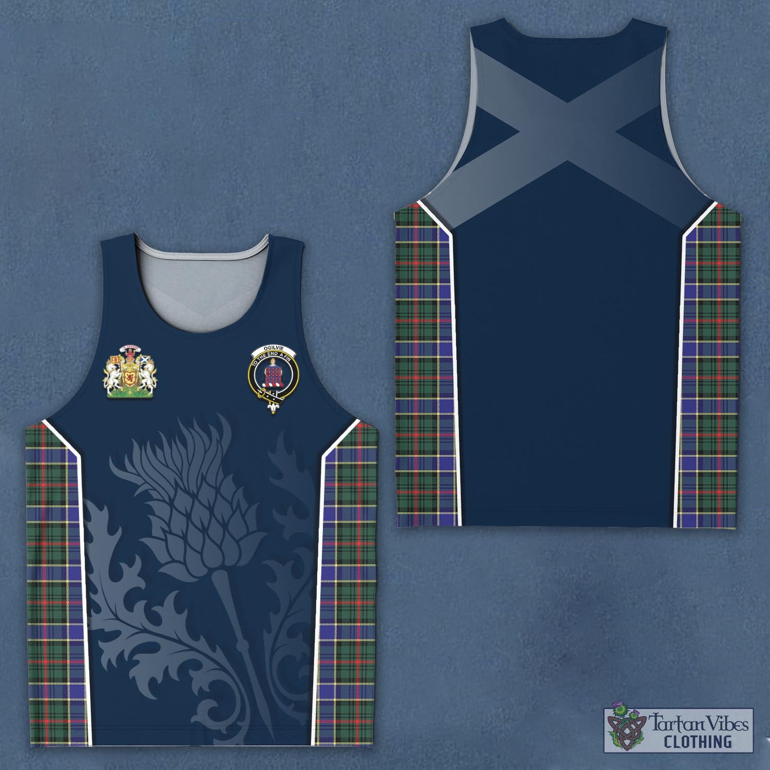 Tartan Vibes Clothing Ogilvie (Ogilvy) Hunting Modern Tartan Men's Tanks Top with Family Crest and Scottish Thistle Vibes Sport Style