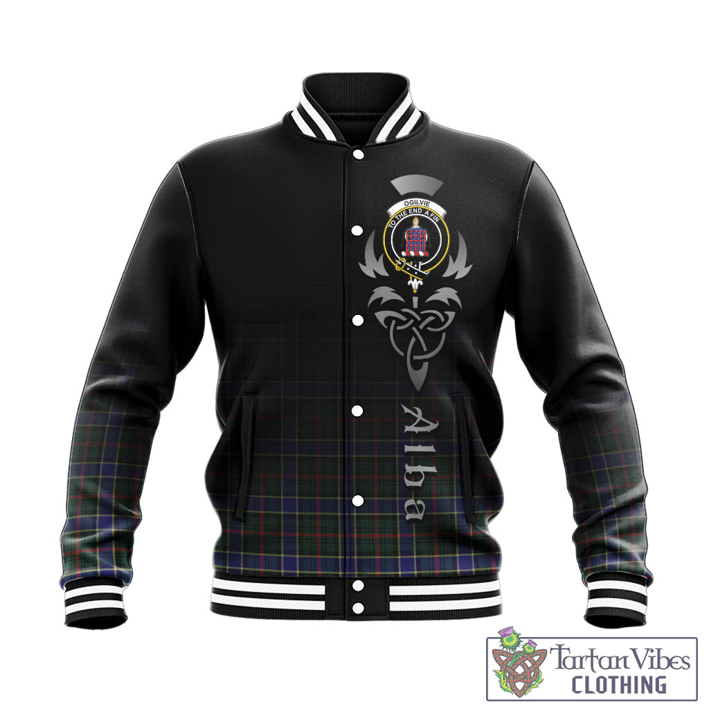 Tartan Vibes Clothing Ogilvie (Ogilvy) Hunting Modern Tartan Baseball Jacket Featuring Alba Gu Brath Family Crest Celtic Inspired