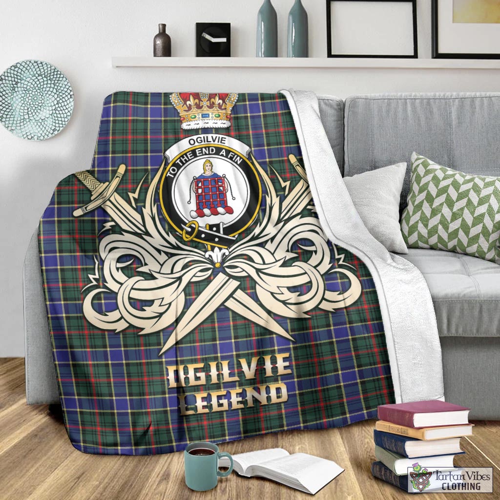 Tartan Vibes Clothing Ogilvie (Ogilvy) Hunting Modern Tartan Blanket with Clan Crest and the Golden Sword of Courageous Legacy