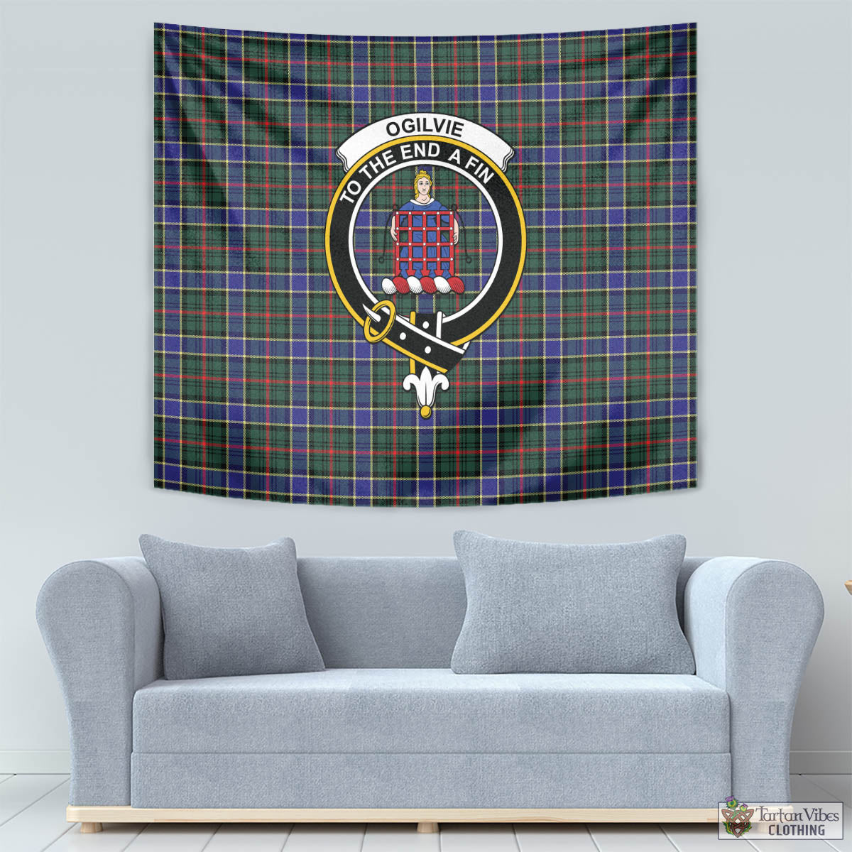 Tartan Vibes Clothing Ogilvie (Ogilvy) Hunting Modern Tartan Tapestry Wall Hanging and Home Decor for Room with Family Crest