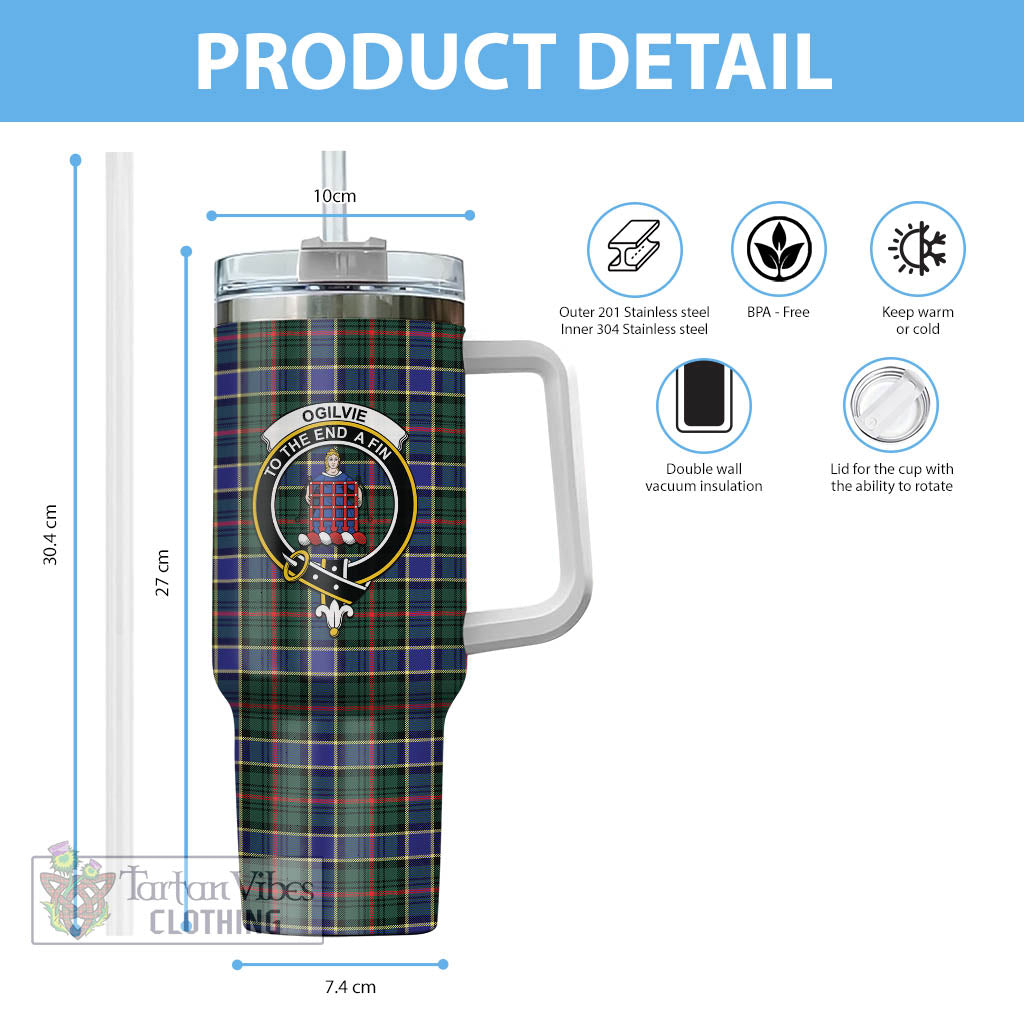 Tartan Vibes Clothing Ogilvie (Ogilvy) Hunting Modern Tartan and Family Crest Tumbler with Handle