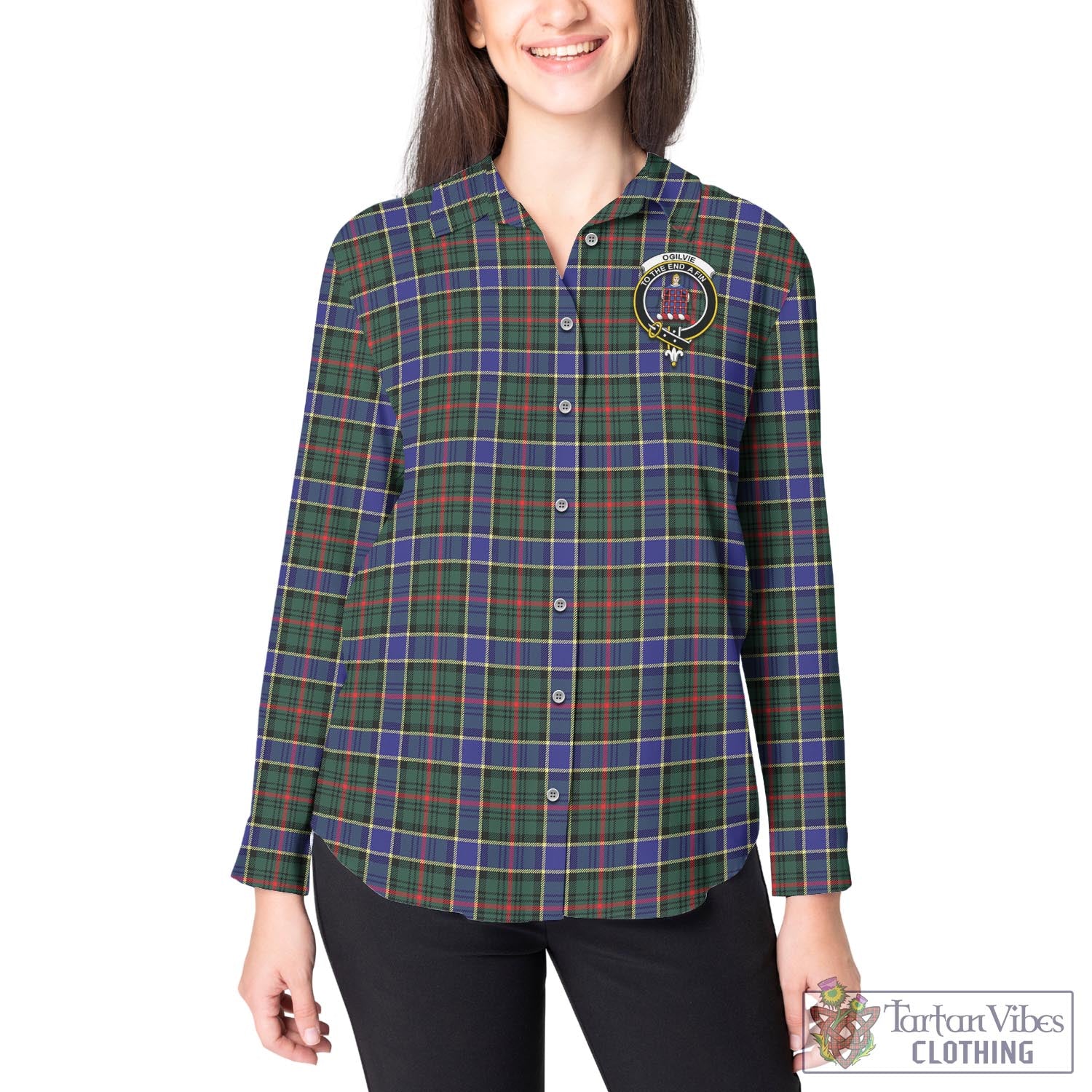 Tartan Vibes Clothing Ogilvie (Ogilvy) Hunting Modern Tartan Womens Casual Shirt with Family Crest