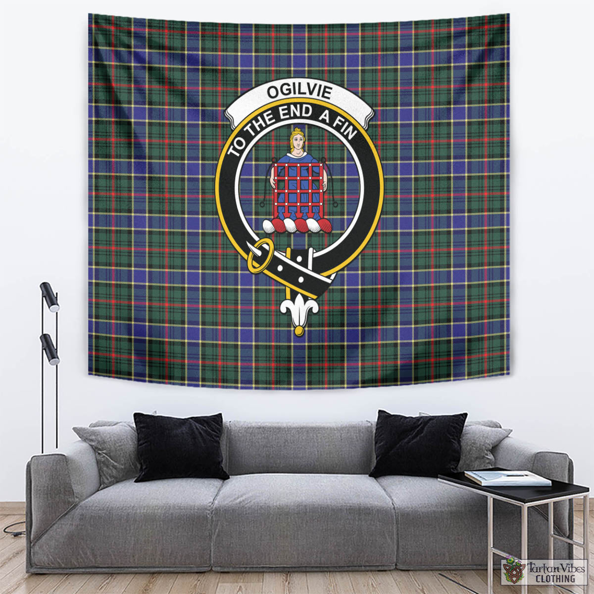 Tartan Vibes Clothing Ogilvie (Ogilvy) Hunting Modern Tartan Tapestry Wall Hanging and Home Decor for Room with Family Crest