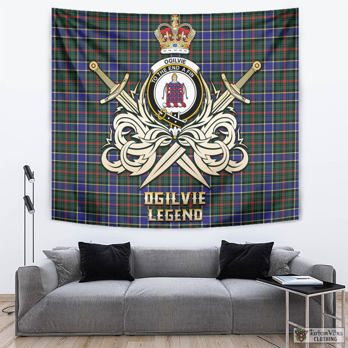 Tartan Vibes Clothing Ogilvie (Ogilvy) Hunting Modern Tartan Tapestry with Clan Crest and the Golden Sword of Courageous Legacy