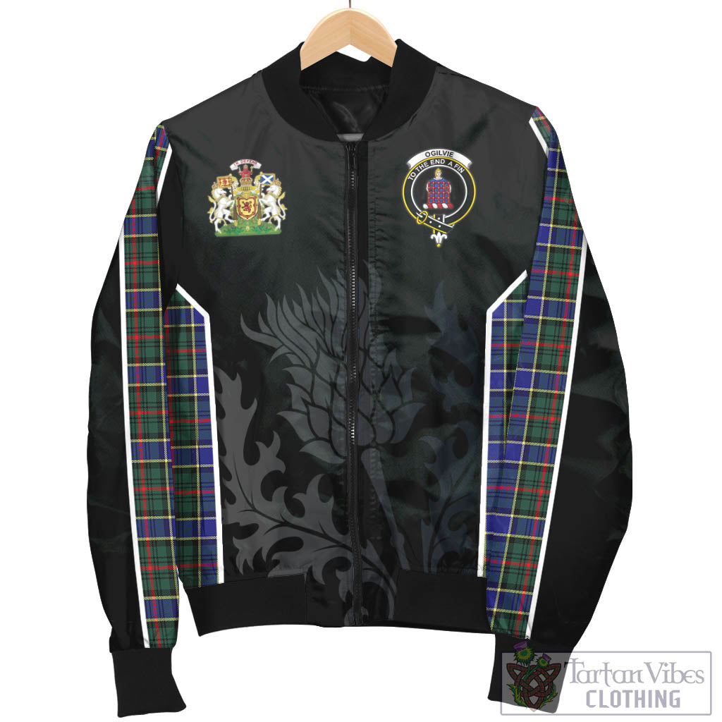 Tartan Vibes Clothing Ogilvie (Ogilvy) Hunting Modern Tartan Bomber Jacket with Family Crest and Scottish Thistle Vibes Sport Style