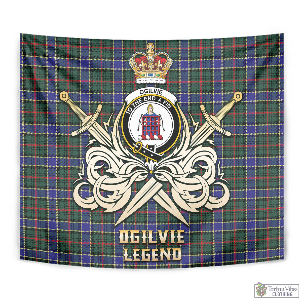 Tartan Vibes Clothing Ogilvie (Ogilvy) Hunting Modern Tartan Tapestry with Clan Crest and the Golden Sword of Courageous Legacy