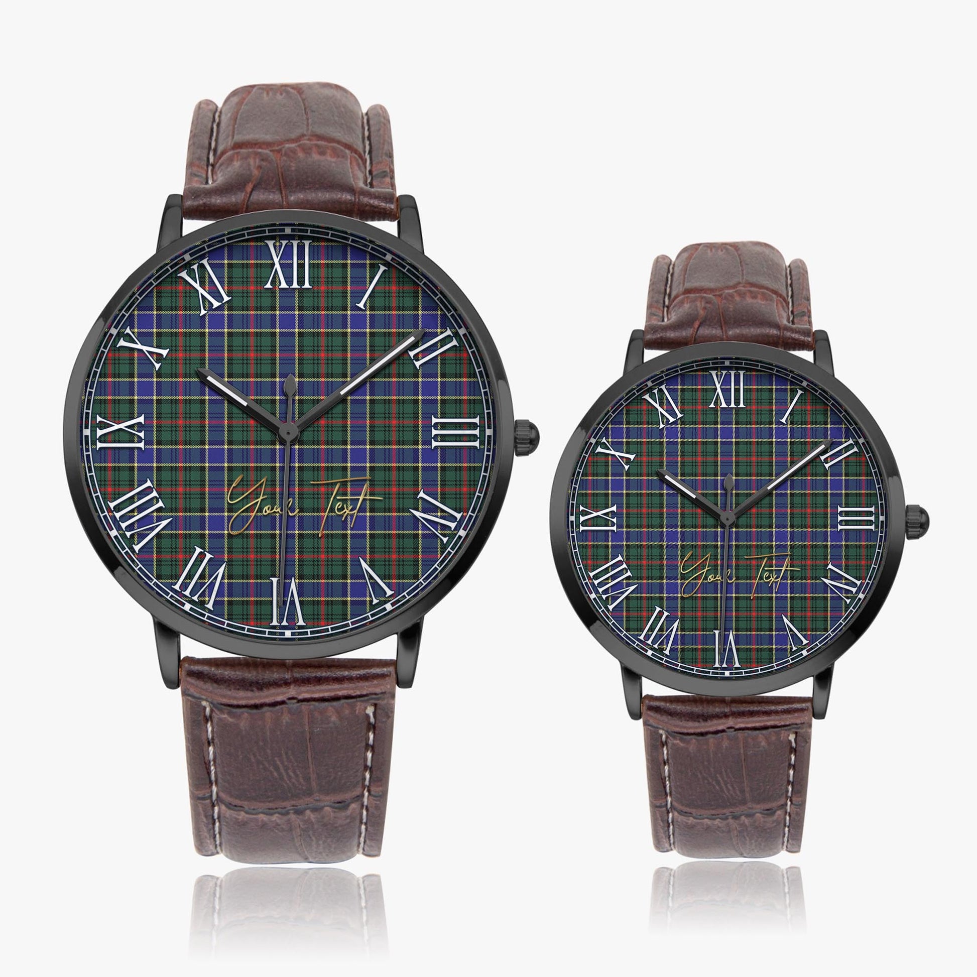 Ogilvie (Ogilvy) Hunting Modern Tartan Personalized Your Text Leather Trap Quartz Watch Ultra Thin Black Case With Brown Leather Strap - Tartanvibesclothing