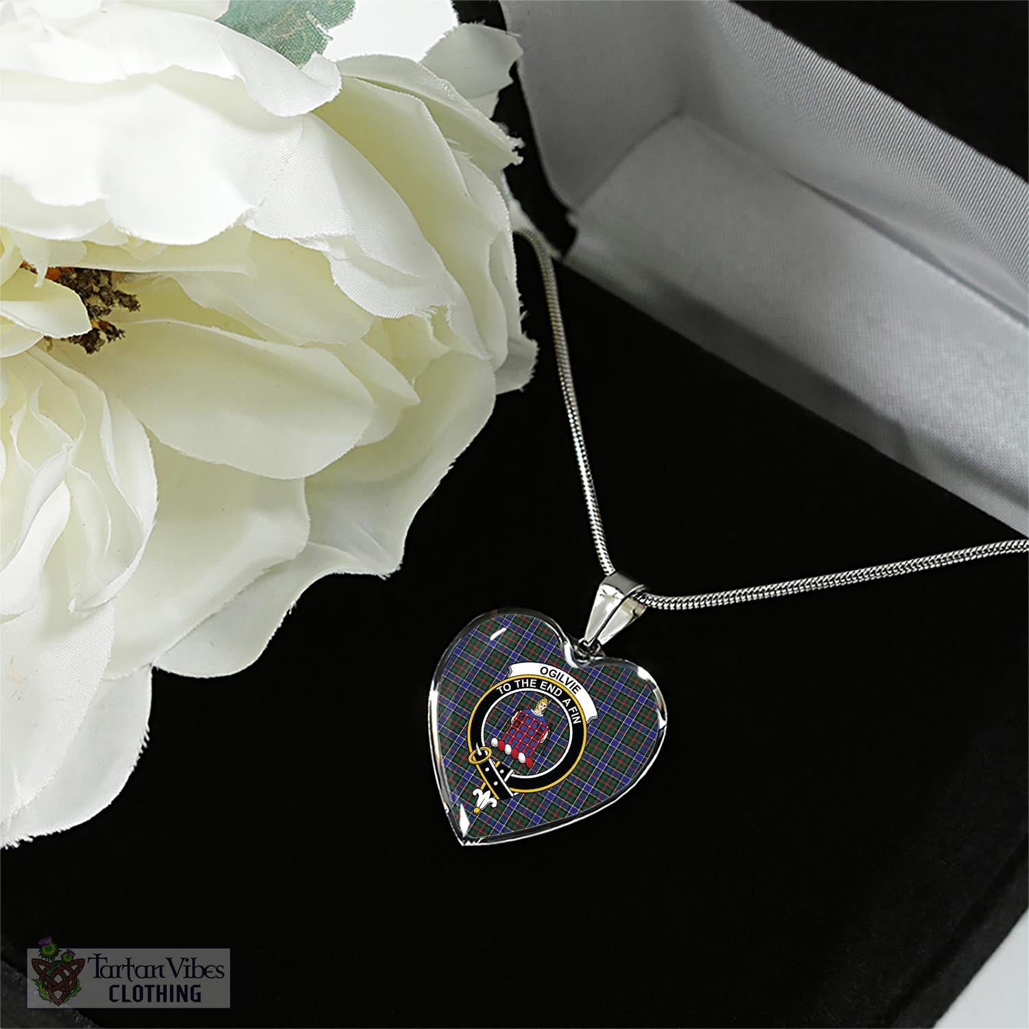 Tartan Vibes Clothing Ogilvie (Ogilvy) Hunting Modern Tartan Heart Necklace with Family Crest