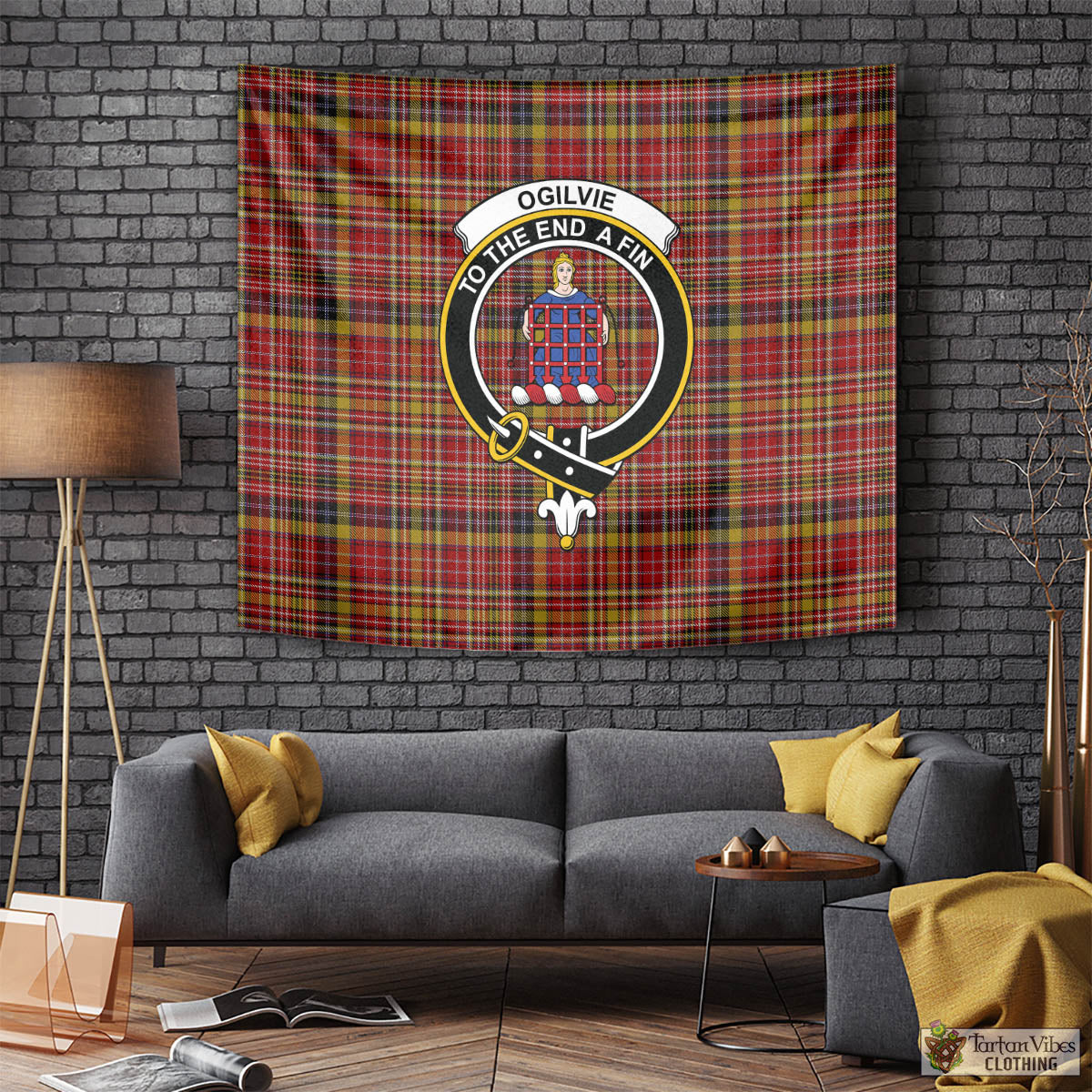 Tartan Vibes Clothing Ogilvie (Ogilvy) of Strathallan Tartan Tapestry Wall Hanging and Home Decor for Room with Family Crest