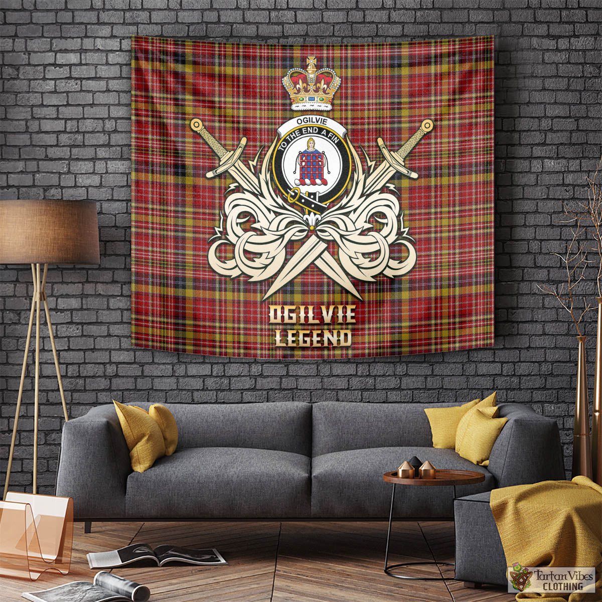 Tartan Vibes Clothing Ogilvie (Ogilvy) of Strathallan Tartan Tapestry with Clan Crest and the Golden Sword of Courageous Legacy