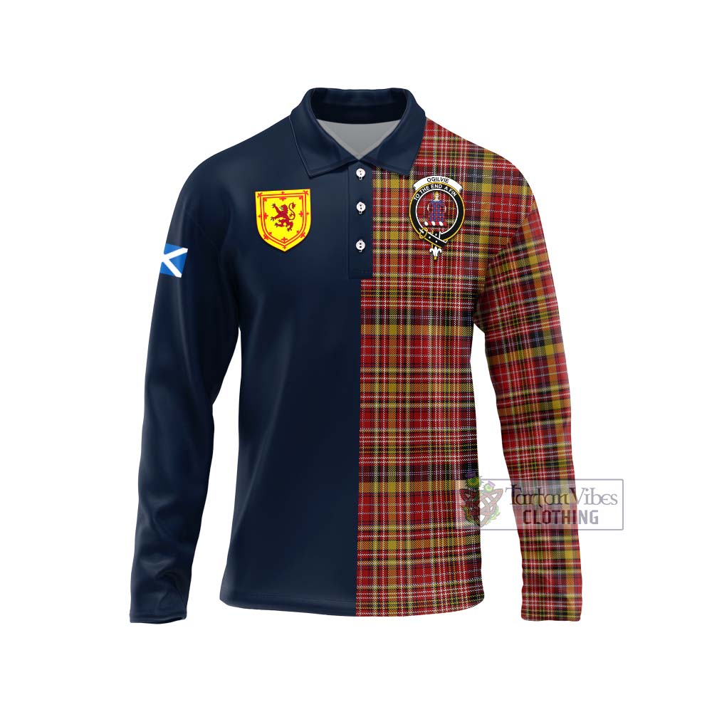 Tartan Vibes Clothing Ogilvie (Ogilvy) of Strathallan Tartan Long Sleeve Polo Shirt with Scottish Lion Royal Arm Half Style