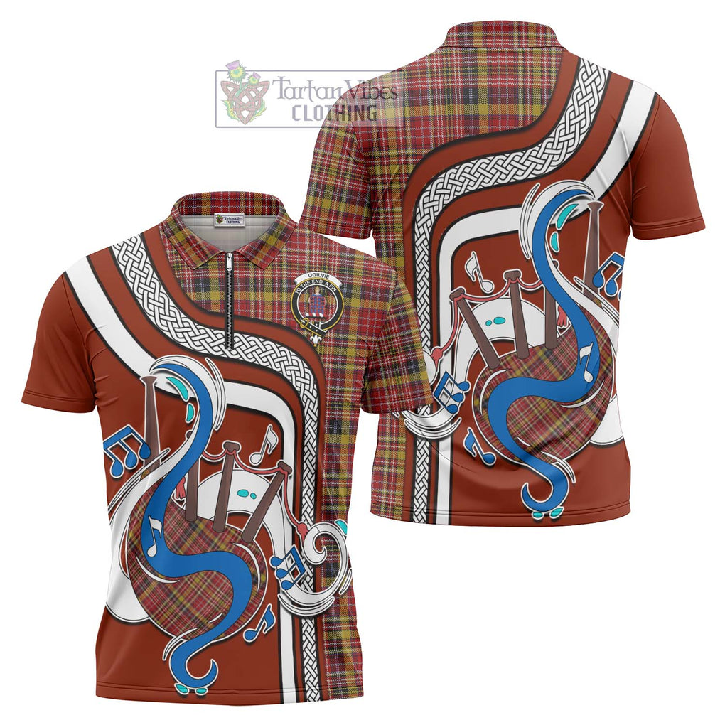 Ogilvie (Ogilvy) of Strathallan Tartan Zipper Polo Shirt with Epic Bagpipe Style Unisex - Tartanvibesclothing Shop