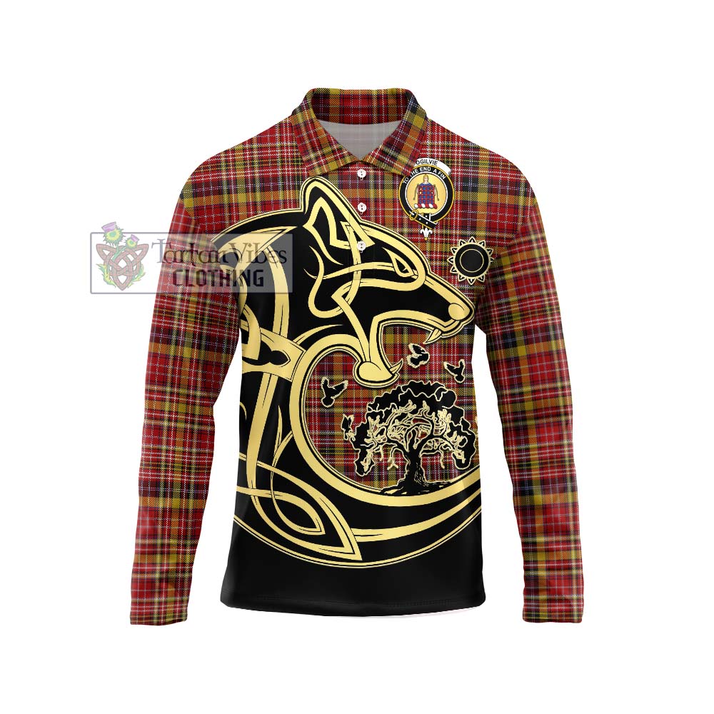 Ogilvie (Ogilvy) of Strathallan Tartan Long Sleeve Polo Shirt with Family Crest Celtic Wolf Style Unisex - Tartanvibesclothing Shop