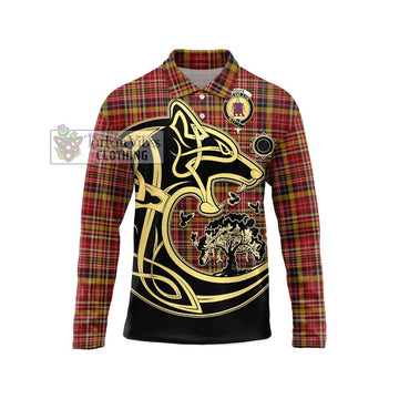 Ogilvie (Ogilvy) of Strathallan Tartan Long Sleeve Polo Shirt with Family Crest Celtic Wolf Style