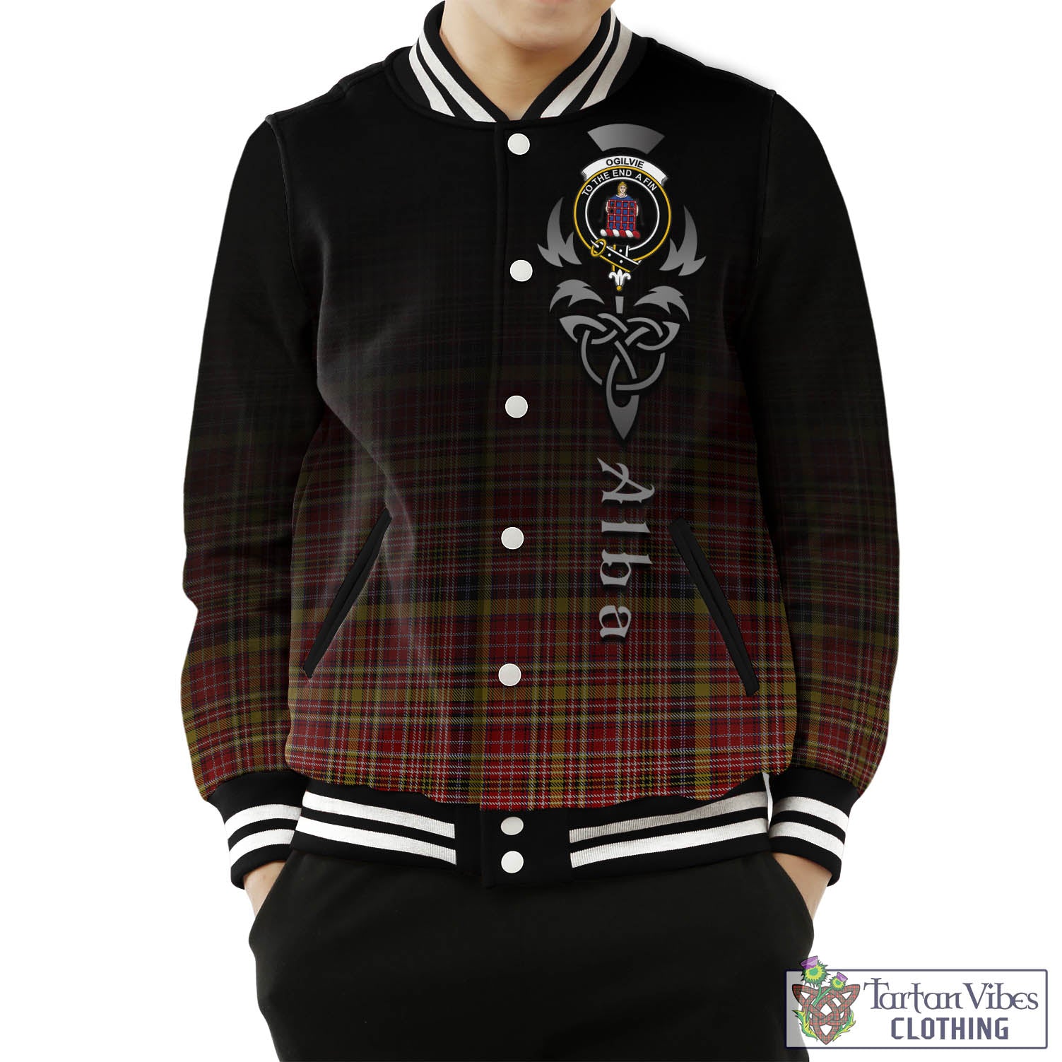 Tartan Vibes Clothing Ogilvie (Ogilvy) of Strathallan Tartan Baseball Jacket Featuring Alba Gu Brath Family Crest Celtic Inspired