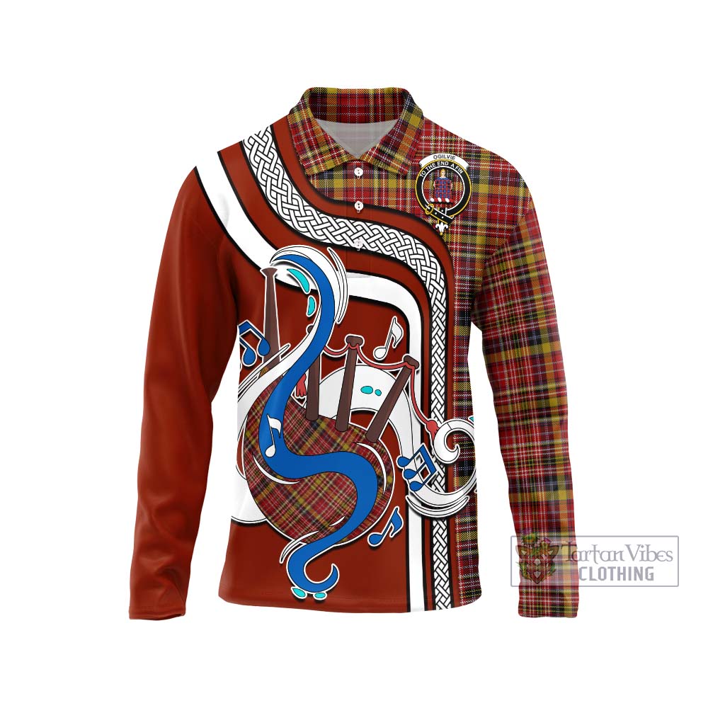 Tartan Vibes Clothing Ogilvie (Ogilvy) of Strathallan Tartan Long Sleeve Polo Shirt with Epic Bagpipe Style