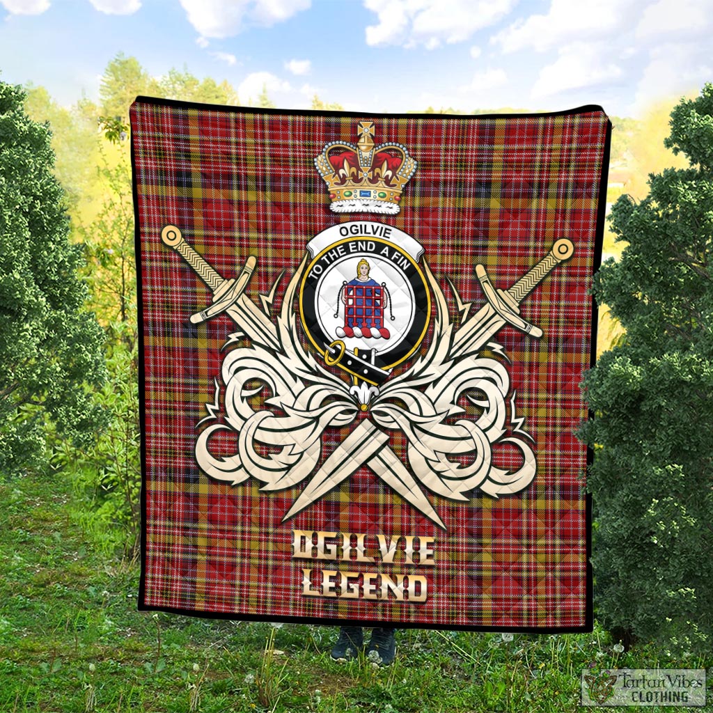 Tartan Vibes Clothing Ogilvie (Ogilvy) of Strathallan Tartan Quilt with Clan Crest and the Golden Sword of Courageous Legacy