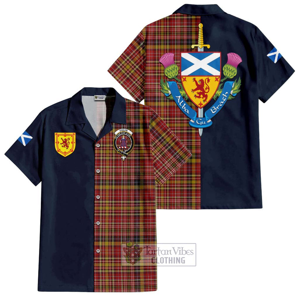 Tartan Vibes Clothing Ogilvie (Ogilvy) of Strathallan Tartan Short Sleeve Button Shirt with Scottish Lion Royal Arm Half Style